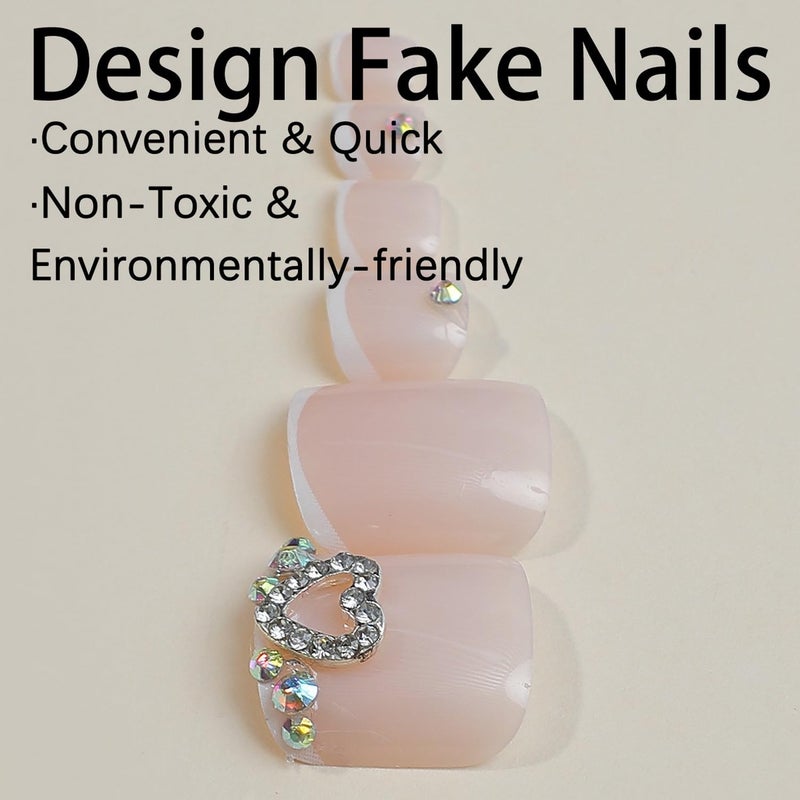 GRITOSE French Tip Press One Toe Nail for Women Fake Toenail with Rhinestones Designs Heart Glossy Fashion False Toenail Full Cover Acrylic Nail Art DIY Foot Nails Design Toenail Tips 24Pcs - Image 3